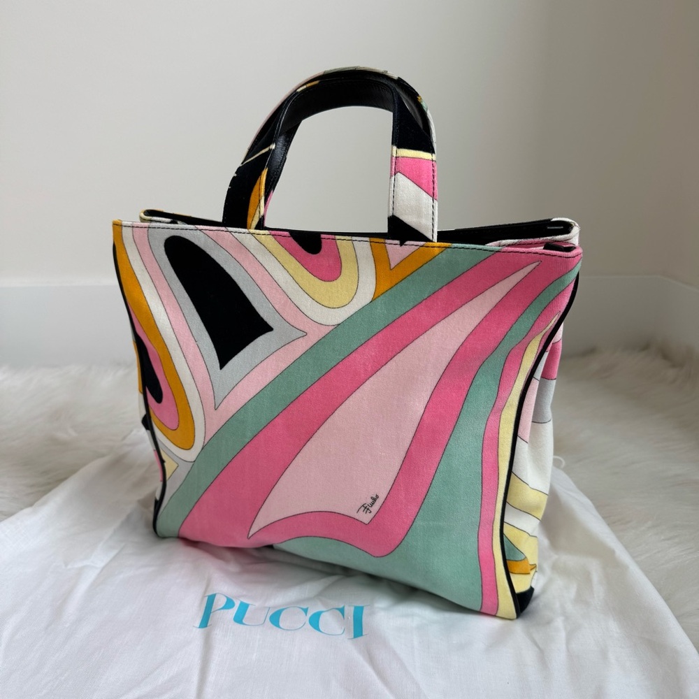 Emilio Pucci Black Pink Yellow Green Floral Print Canvas Tote - Picture 5 of 12